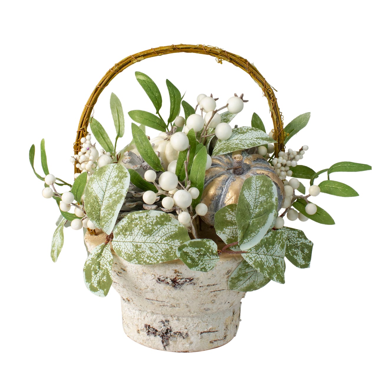 13" Green & Gold Artificial Pumpkin & Leaf Basket Arrangement